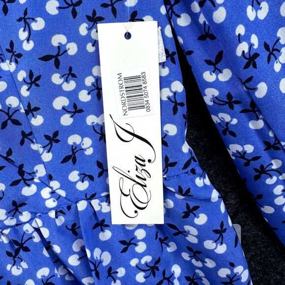 Eliza J Dress Women's 6 Blue Printed Cherry Print 3/4 Balloon Sleeve Fit & Flare - Picture 4 of 9